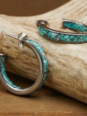 Antler Rings - Earrings Genuine Crushed Turquoise Sterling Silver Hoop